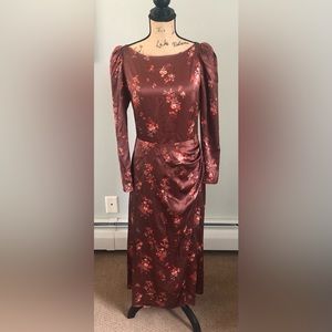 REFORMATION BROWN FLORAL LONG SLEEVE PUFF SLEEVE MIDI DRESS WITH SLIT SIZE US 8